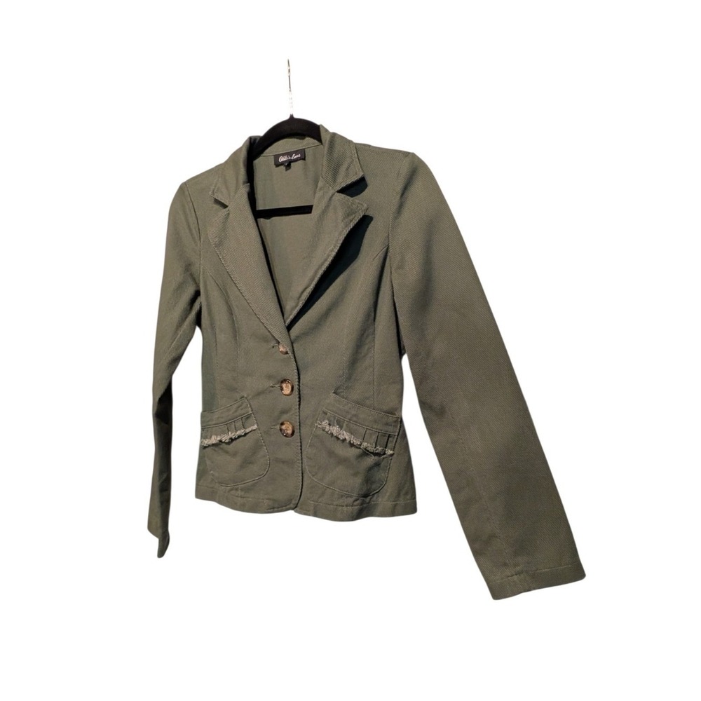 Odds'n Evens Womens Olive Green Ruffle Trim Pocket Corduroy Blazer Size 7